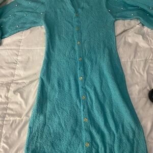 Elegant Teal vintage faux pearl button Down Dress